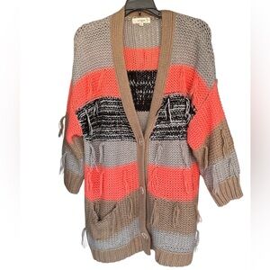 Umgee Stripped Knit With Fringe Cardigan Size M/L